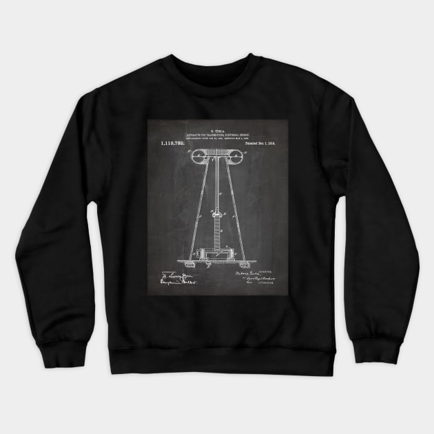 Tesla Transmitter Patent - Electrician Maker Workshop Art - Black Chalkboard Crewneck Sweatshirt by patentpress